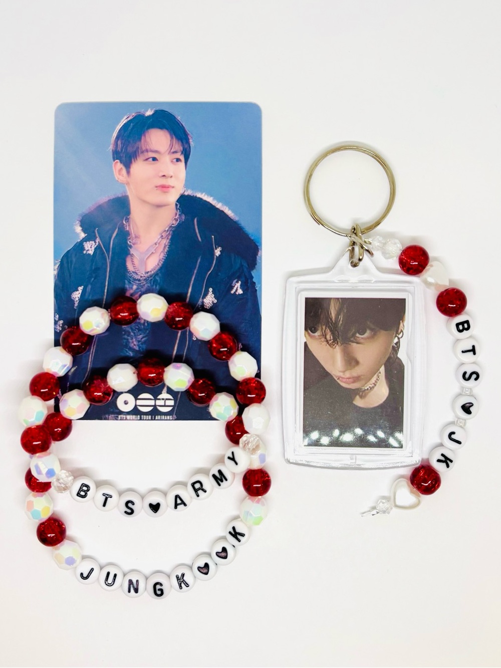 (4pcs) BTS JUNGKOOK BIAS ACRYLIC PHOTO KEYCHAIN BRACELET PHOTOCARD BUNDLE
